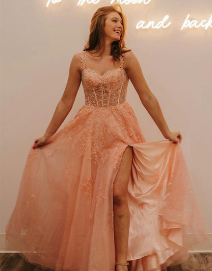 Rylie |A-Line Spaghetti Straps Glitter Tulle Prom Dress with Slit