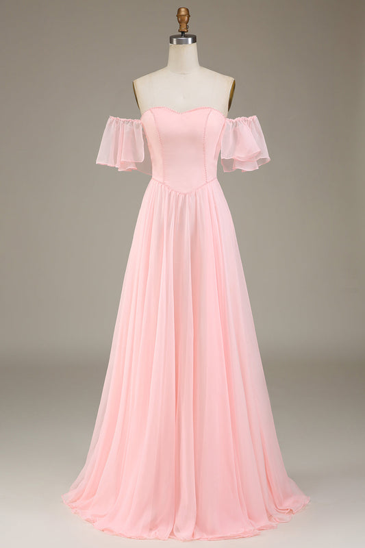 Blush Pink A-Line Off the Shoulder Chiffon Long Bridesmaid Dress