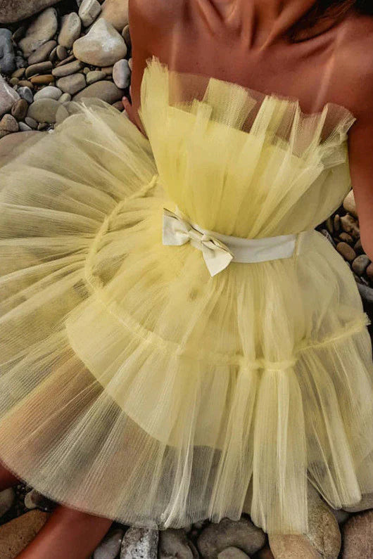 LTP1423,Simple A line Yellow Tulle Strapless Short Prom Dress, Homecoming Dresses