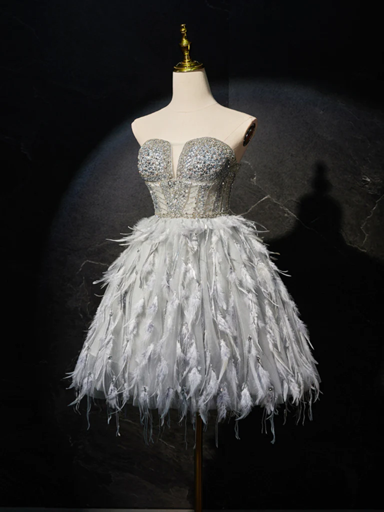 Gray Sweetheart Neck Tulle Beads Feather Homecoming Dresses B078