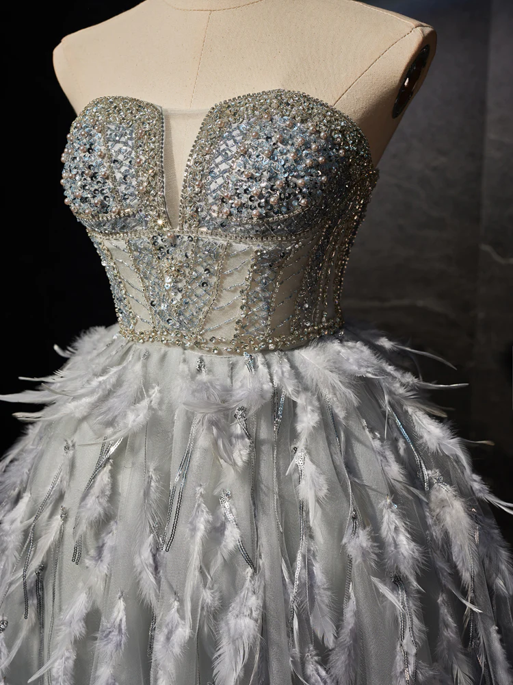 Gray Sweetheart Neck Tulle Beads Feather Homecoming Dresses B078