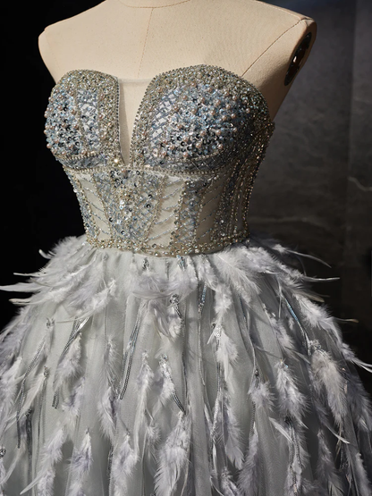 Gray Sweetheart Neck Tulle Beads Feather Homecoming Dresses B078