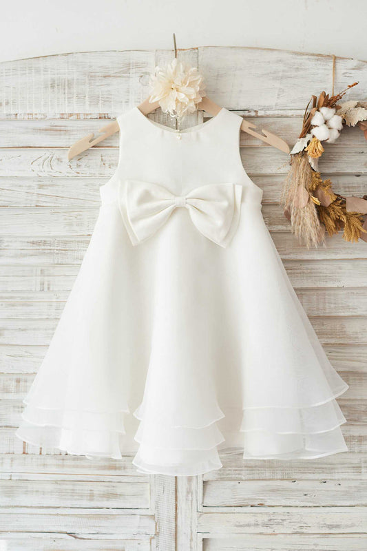 Jewel White Flower Girl Dress with Bowknot