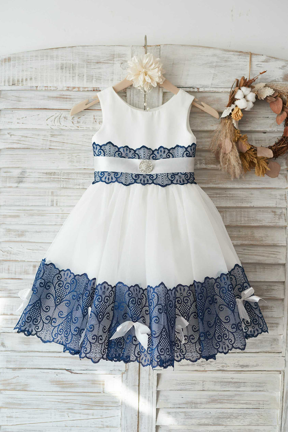 Navy White Flower Girl Dress with Bowknot