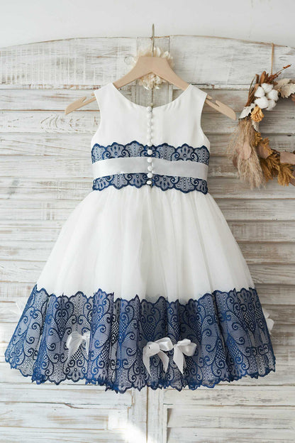 Round Neck Blue White Flower Girl Dress with Lace