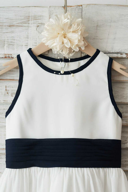 Navy White Flower Girl Dress with Bowknot