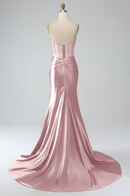 Blush Pink Mermaid Strapless Pleated Corset Long Prom Dress with Slit