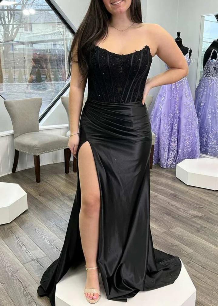 Arielle |Sheath Strapless Corset Satin Prom Dress with Slit