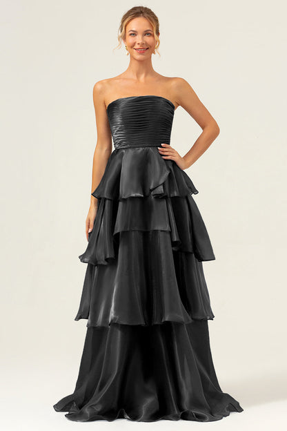 Dark Navy A Line Strapless Tiered Satin Long Bridesmaid Dress