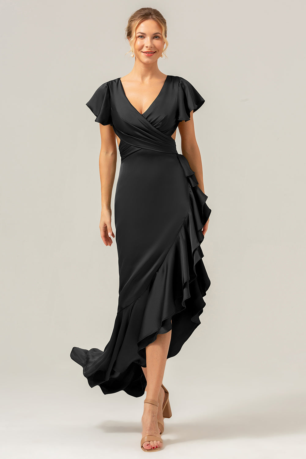 Olive A Line V Neck Satin Asymmetrical Bridesmaid Dress with Ruffle Slit