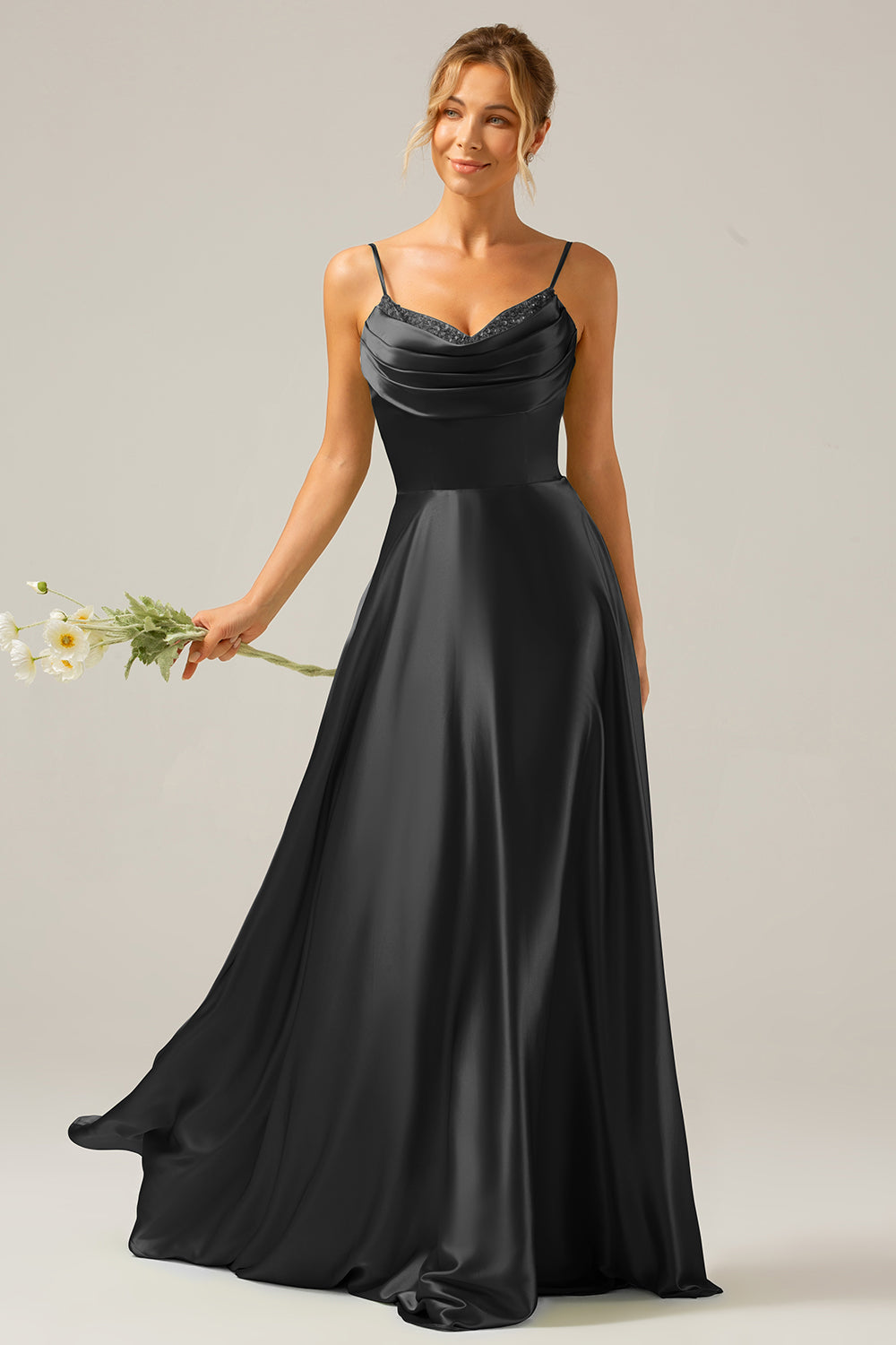 Dusty Sage A Line Cowl Neck Satin Long Bridesmaid Dress with Pleated