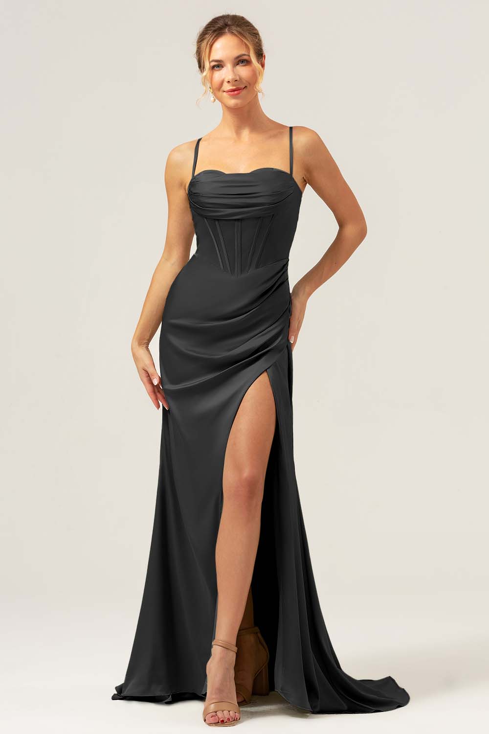 Sage Mermaid Spaghetti Straps Corset Satin Bridesmaid Dress with Slit