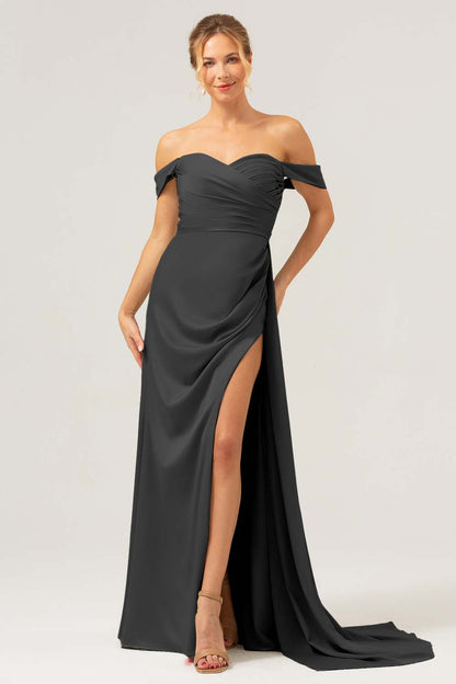 Sage Mermaid Off The Shoulder Pleated Satin Bridesmaid Dress with Slit