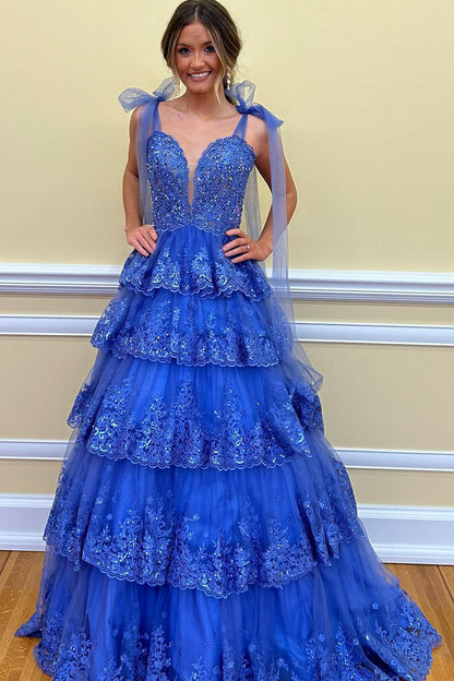 Thelma | Light Blue Tulle Appliques Tying Strap Ruffle Tiered Long Prom Dress