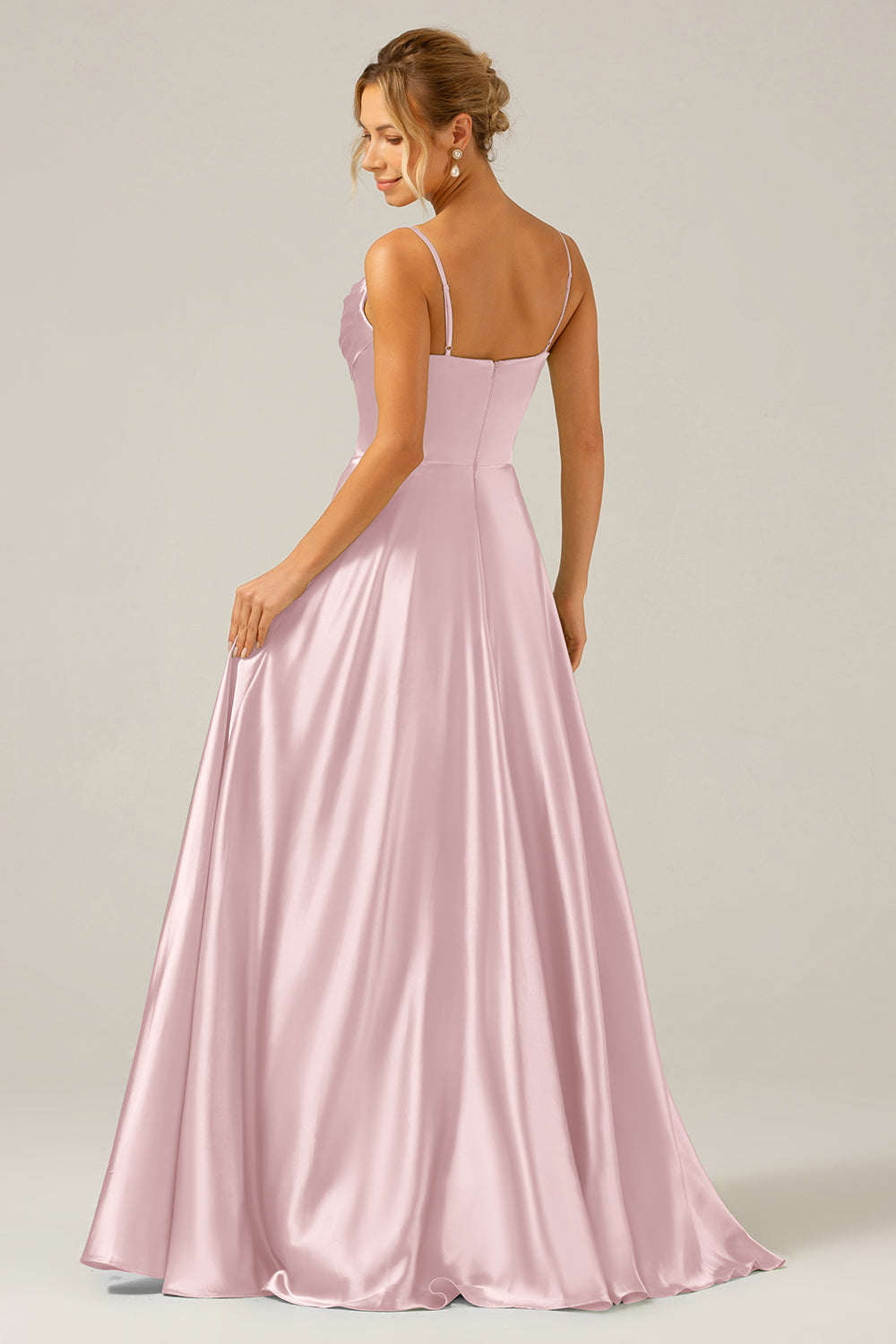 Dusty Sage A Line Cowl Neck Satin Long Bridesmaid Dress with Pleated