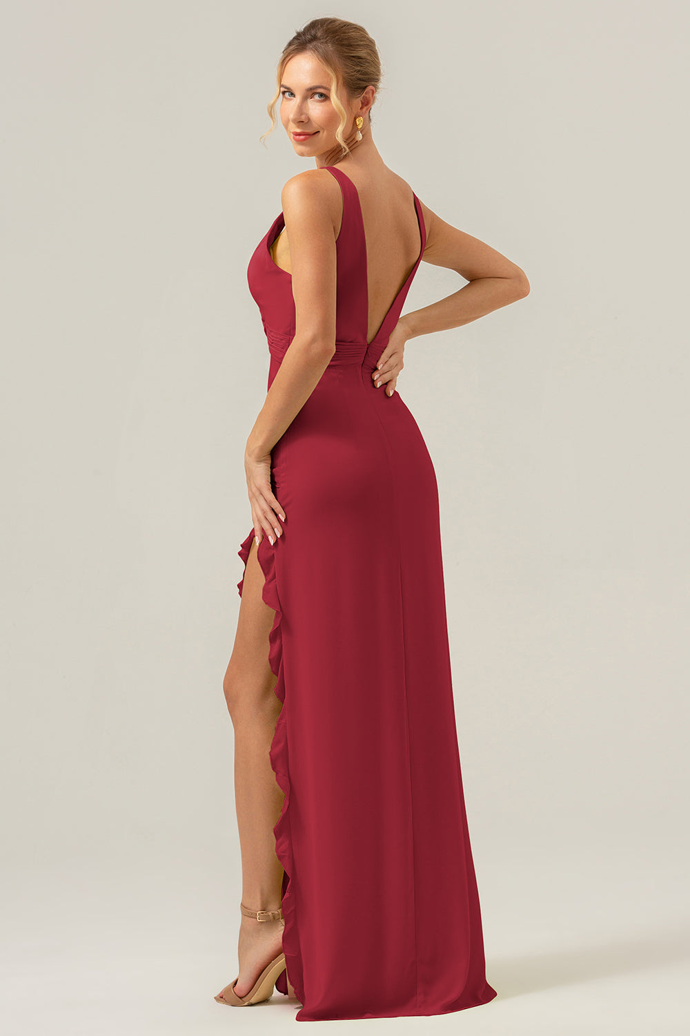 Lime Sheath Deep V Neck Backless Long Bridesmaid Dress with Ruffle Slit