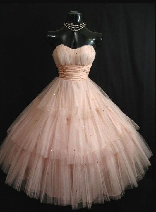 Vintage Pink Strapless Tulle Tea Length Short Homecoming Dress C1023