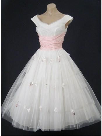 Vintage Style 50s White and Pink Tea Length Homecoming Dress C1026