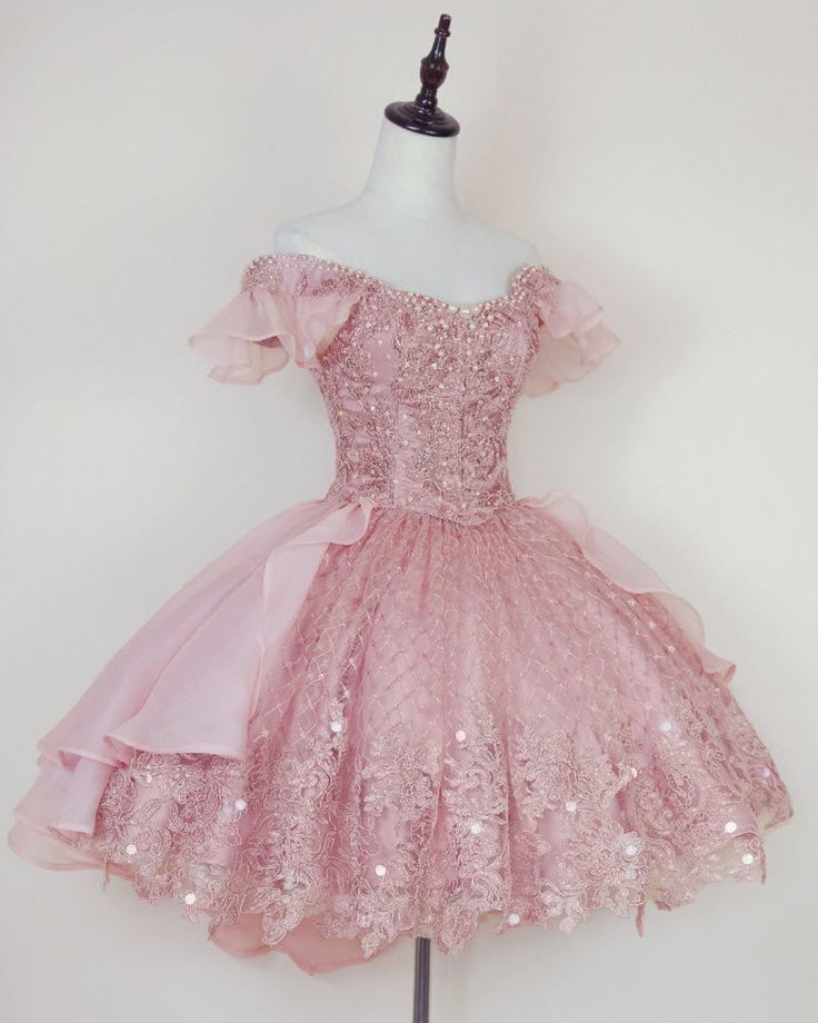 Pink Lace Homecoming Gown with Beading, Princess Off the Shoulder Hoco Dress C1032