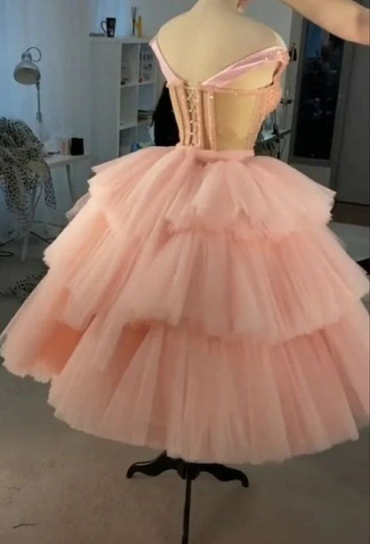 Ball Gown Puffy Straps Tiered Pink Tea Length Homecoming Dress C1034