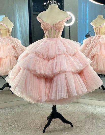 Ball Gown Puffy Straps Tiered Pink Tea Length Homecoming Dress C1034