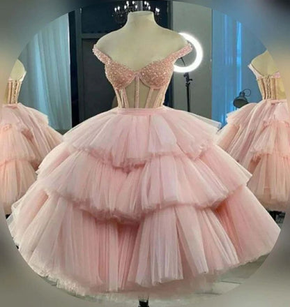 Ball Gown Puffy Straps Tiered Pink Tea Length Homecoming Dress C1034