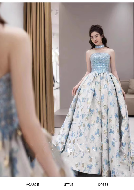 Simple Ball Gown Blue Satin Floral Long Prom Dresses C103