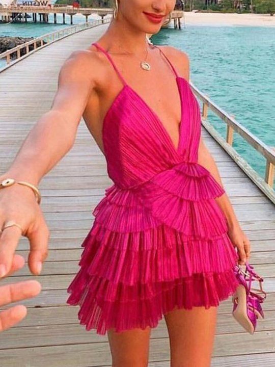 Unique Hot Pink Pleated V-neck Homecoming Dresses With Ruffle Skirt C1080