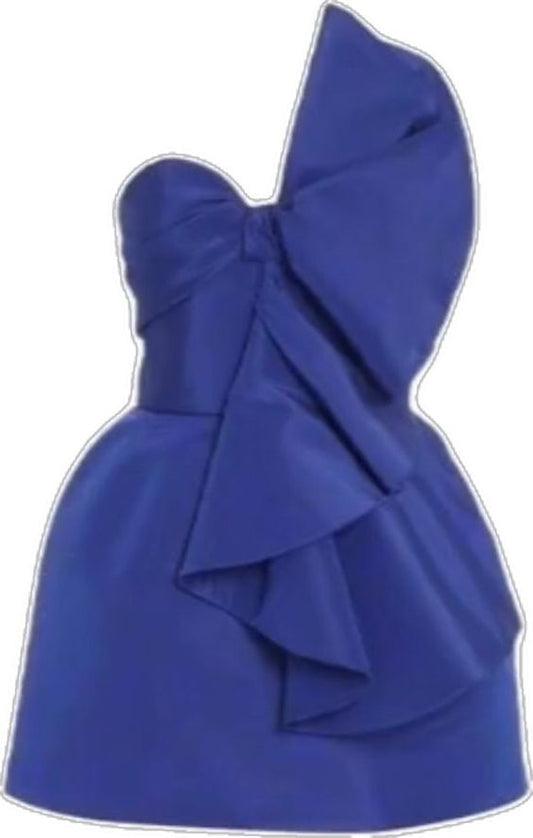 Unique A line One Shoulder Royal Blue Satin Homecoming Dresses With Ruffle C1081