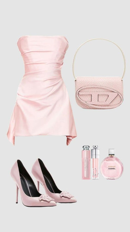 Modest Sheath Strapless Pink Satin Homecoming Dress 21st Birthday Outfit C1088