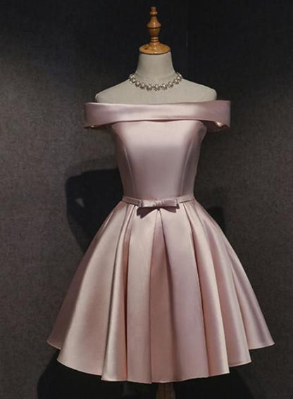 Cute Pink Satin Off Shoulder Cute Party Dress Homecoming Dresses Birthday Outfit C1102