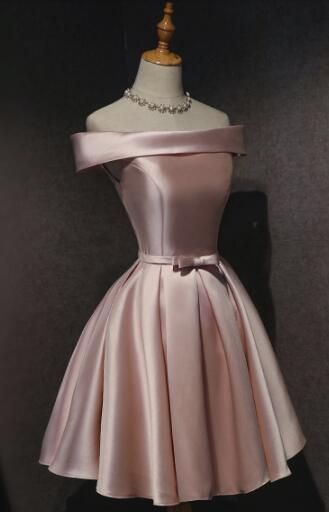 Cute Pink Satin Off Shoulder Cute Party Dress Homecoming Dresses Birthday Outfit C1102