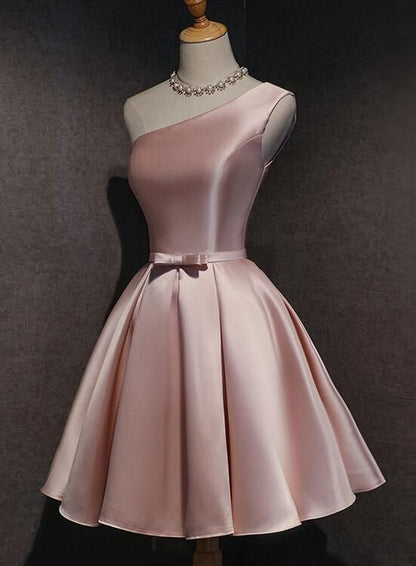 Cute Pink Satin One Shoulder Party Dress Homecoming Dresses Birthday Outfit C1103