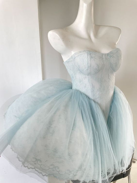 Baby Blue Balletcore Lace Bustier Dress Basque Waist Homecoming Dress Birthday Outfit C1109