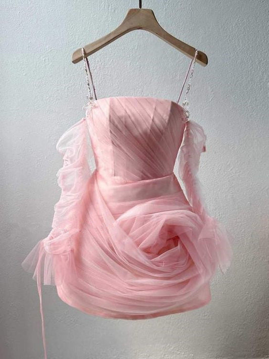 A Line Off The Shoulder Tulle Pink Homecoming Dress Birthday Outfit C1110