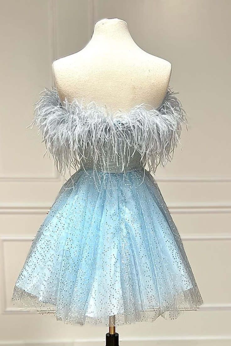 Strapless Blue Feather A-Line Short Homecoming Dress Birthday Outfit C1111