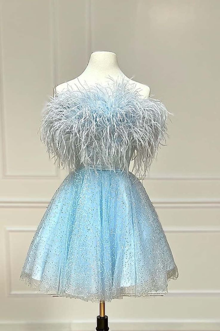 Strapless Blue Feather A-Line Short Homecoming Dress Birthday Outfit C1111