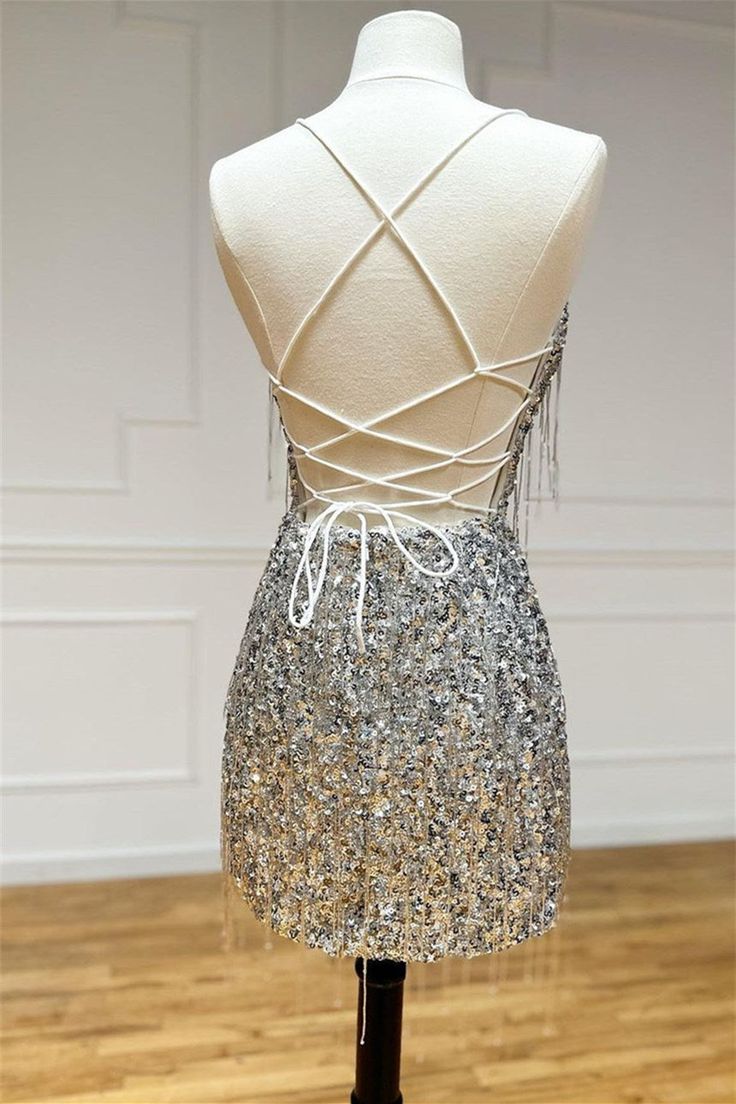 V Neck Lace-Up Sequins Tight Homecoming Dress with Tassels C1193