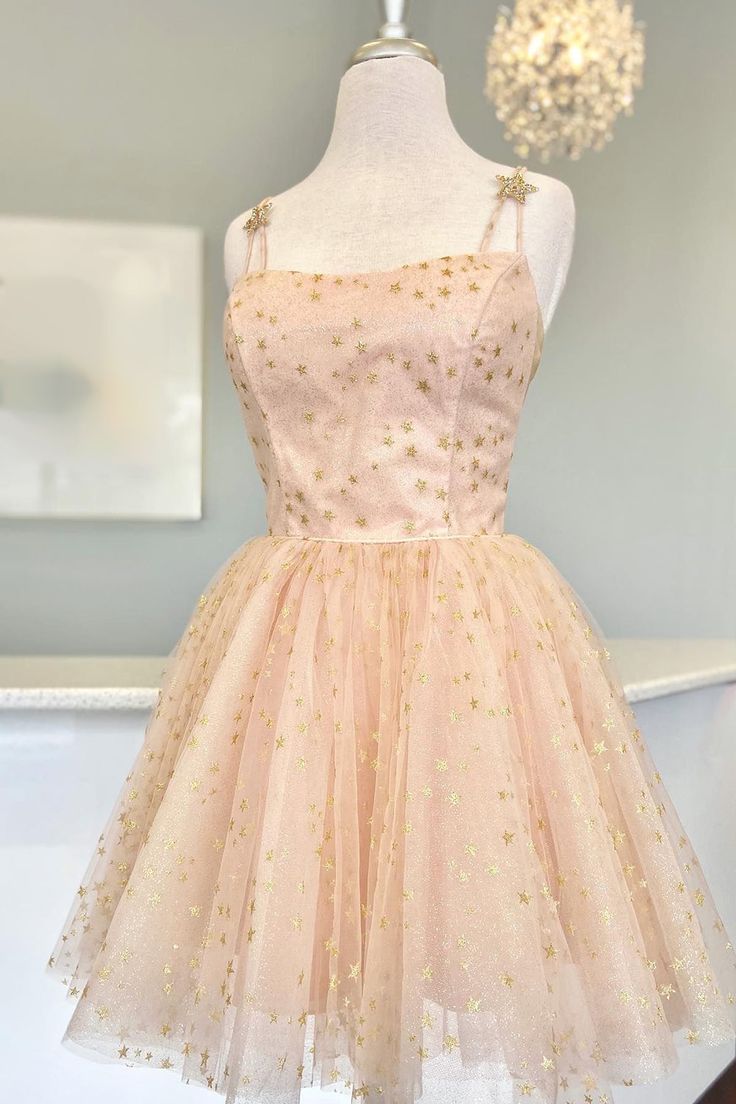 Straps Pink A-Line Tulle Homecoming Dress With Gold Stars C1197