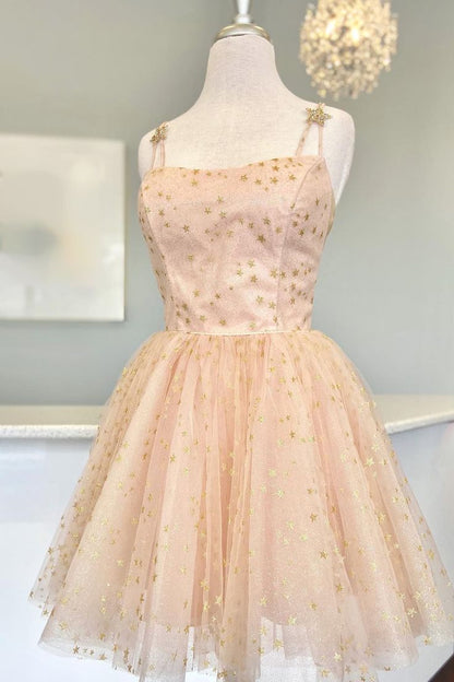 Straps Pink A-Line Tulle Homecoming Dress With Gold Stars C1197