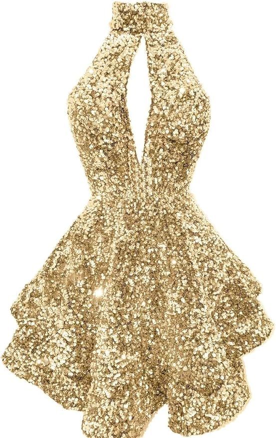 Halter Sequin Homecoming Dresses Short Sparkly Glitter Cutout Mini Backless Tight Bodycon C1199