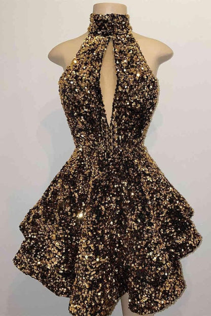 Halter Sequin Homecoming Dresses Short Sparkly Glitter Cutout Mini Backless Tight Bodycon C1199