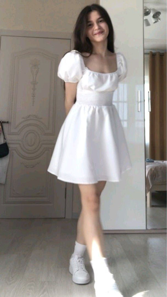 Cute A Line Short Sleeves White Homecoming Dress 18th Birthday Outfit C1224