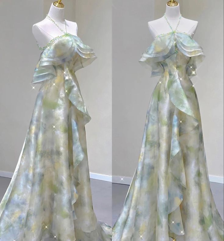 Elegant A Line Halter Chiffon Ombre Green Long Prom Dresses C1260