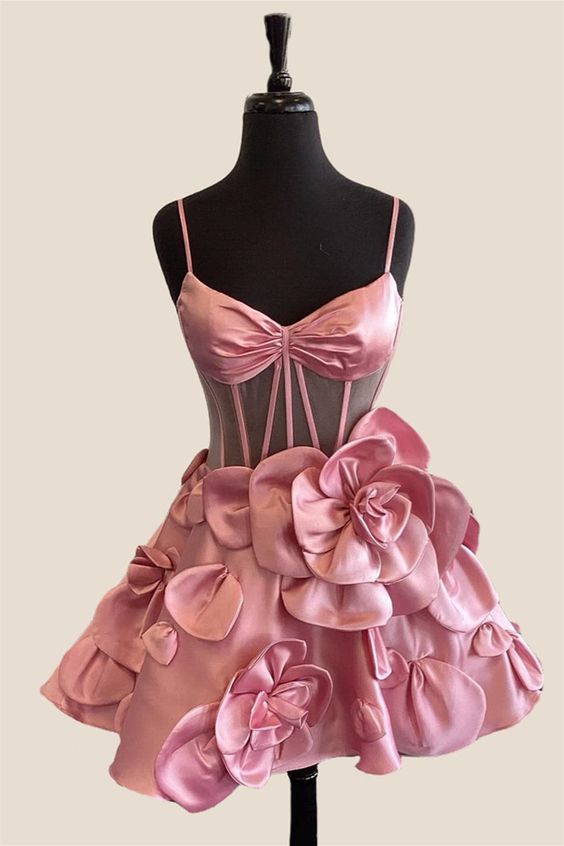 Straps Pink Flowers A-line Short Princess Homecoming Dress Party Dress C1325