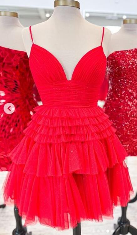 Straps V-neck Sparkly Tulle Homecoming Dress With Tiered Ruffle Skirt and Ruched Bodice Birthday Outfits C1331