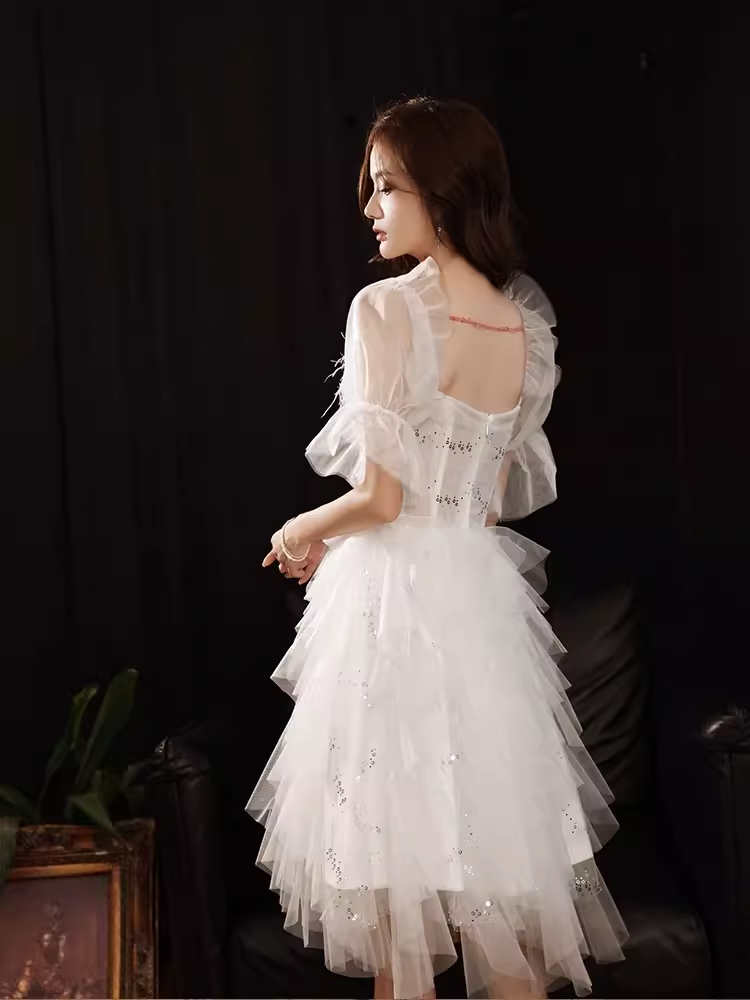 Cute A line Square Neckline Tulle Short Homecoming Dress White Hoco Dresses C1483