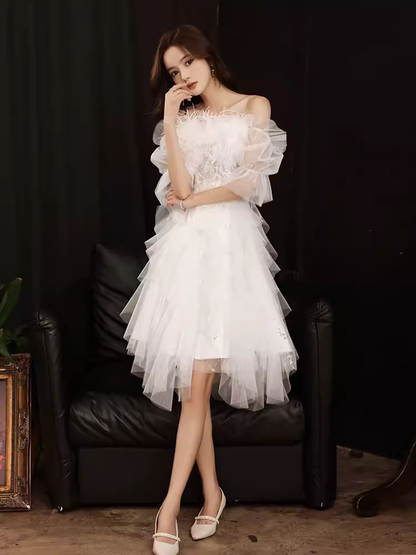 Cute A line Square Neckline Tulle Short Homecoming Dress White Hoco Dresses C1483