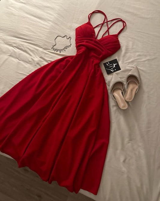 Simple A line Spagehtti Straps Red Knee Length Chiffon Homecoming Dresses Party Dress C1743