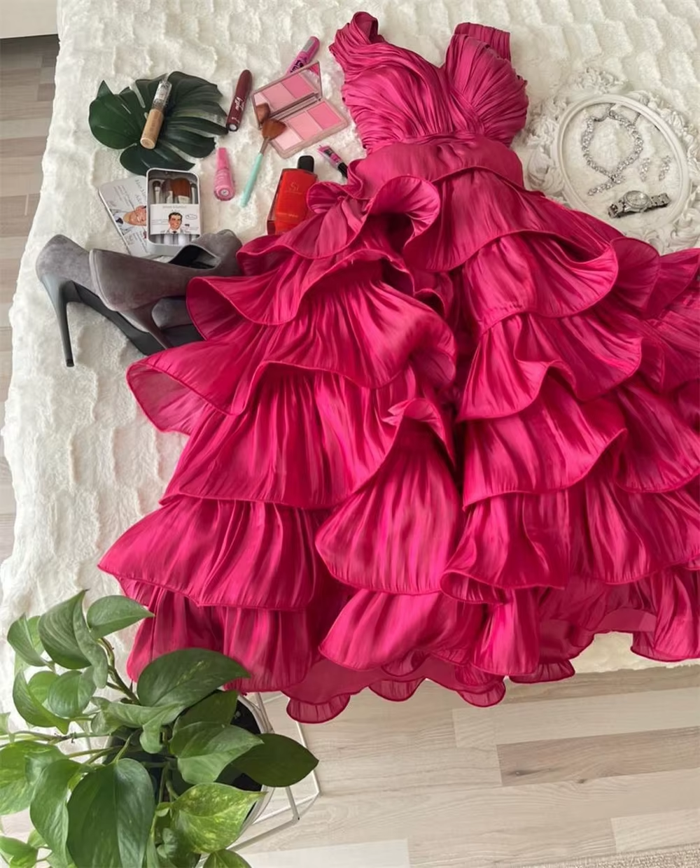 Simple Ball Gown Straps Hot Pink knee Length Ruffles Homecoming Dresses C1744